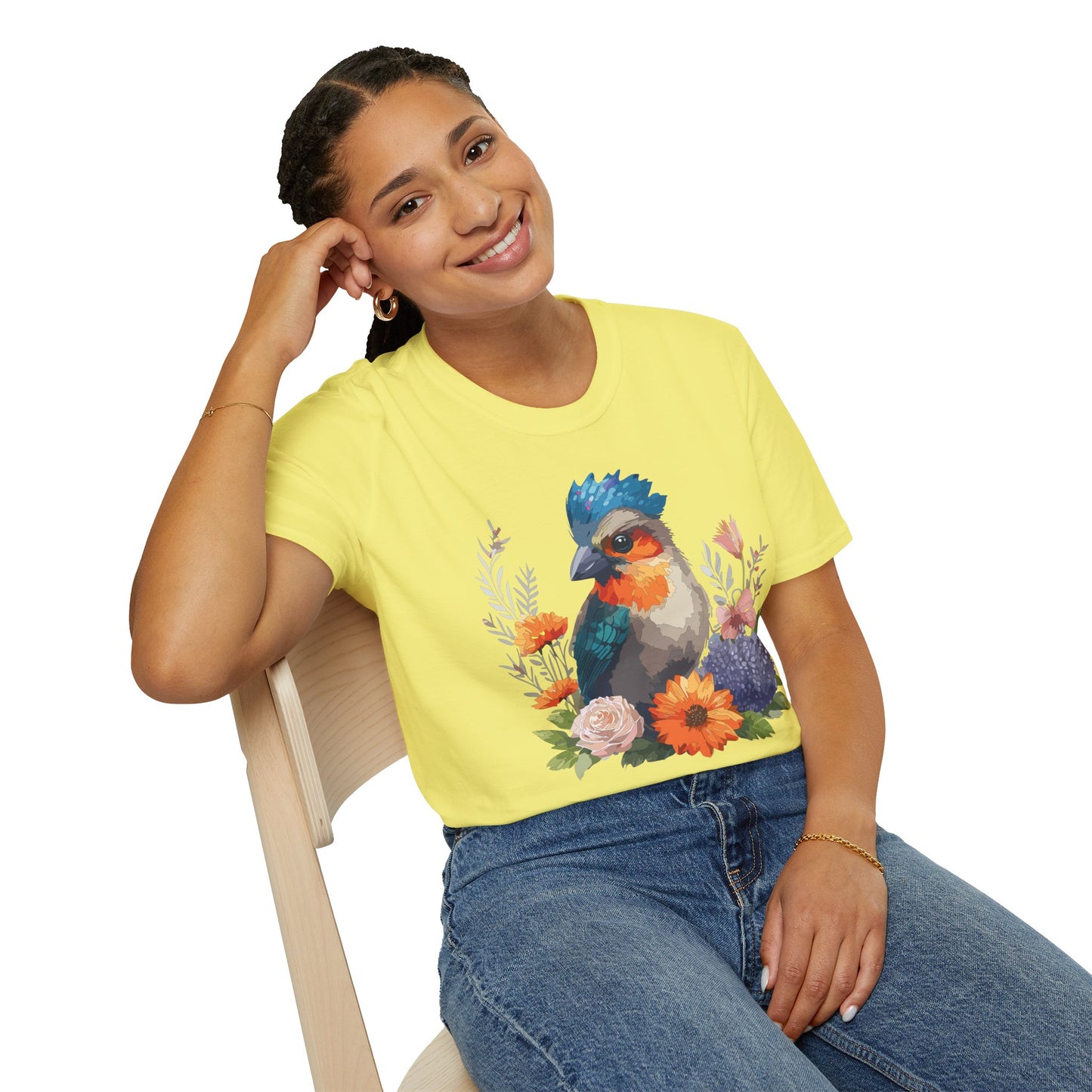 Bird in Flowers Graphic Unisex Softstyle 100 Cotton Tee With Animal Design Artwork 10